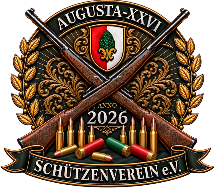 Wappen des Schützenvereins Augusta XXVI mit gekreuzten Gewehren, Augsburger Zirbelnuss und Anno 2026